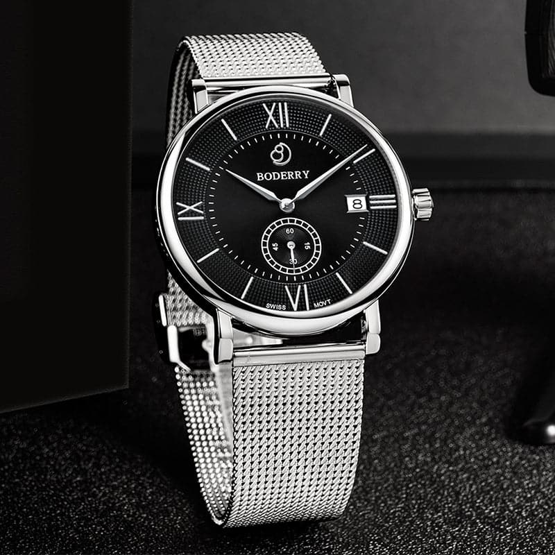 ELEGANT - Swiss Quartz Movement Watch | Silver & Black Dial